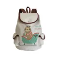 Canvas backpack detail with cute Christmas sloth print, brown leather trim and spacious pockets. - Christmas Sloth Style (sj0915)