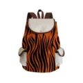 Detail view of the stylish orange tiger stripe backpack with contrast white pockets and brown straps. - Large Orange Tiger Print (sj2695)
