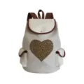 Canvas backpack detail showing leopard heart pattern and brown leather trim for daily use. - Leopard Heart Print (sj2696)