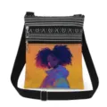 Crossbody bag featuring a stylish afro girl graphic print, double zip pockets, and black straps. - Yellow Orange Anime Graphic Style (xkk1427)