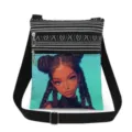 Stylish black girl print crossbody bag with double zippers and striped adjustable strap. - Square Character Illustration Style (xkk1430)