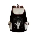 Close-up view of the mystical eye print and canvas pocket details on the stylish canvas backpack. - B&W Geometric Eye (sj2705)