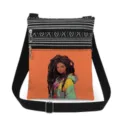 Detailed view of the stylish crossbody bag featuring black and white stripes and anime girl print. - Orange Background Cartoon Avatar Style (xkk1433)