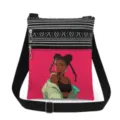 Canvas crossbody bag with black white stripes, double zippers and stylish black girl anime print. - Bright Pink Background Anime Style (xkk1434)