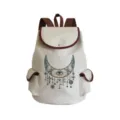 Canvas backpack detail showing crescent moon eye print, brown leather trim, and front pocket design. - Moon and Eye Pendant (sj2709)