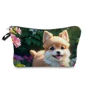 Carina borsa cosmetica stampata cucciolo astuccio trucco portatile organizzatore cerniera - Illustrazione Di Cane E Cespuglio Di Fiori (hzk0147)