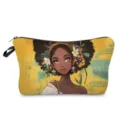Close-up detail of stylish cosmetic bag featuring vibrant black girl floral art print and zipper. - Style hzk1397