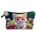 Dettaglio della trousse per cosmetici con stampa di gattino carino e motivo floreale. - Gatto Arancione E Rosa Rosa (hzk0149)