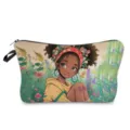 Portable cosmetic bag with black girl floral print, zipper closure, daily travel makeup pouch. - Style hzk1400