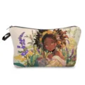 Close-up detail of the black girl floral print cosmetic bag showing vibrant art design. - Style hzk1402