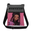Canvas crossbody bag with black white stripes and anime girl print, double zipper messenger bag - Pink Background Anime Girl Style (xkk1429)