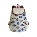 Evil eye pattern canvas backpack stylish school bag casual daypack with brown straps and flap. - Geometric Blue Eye (sj2721)