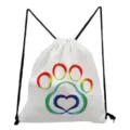 White drawstring backpack with colorful rainbow paw print design, casual travel gym sack. - Rainbow Paw Heart Style (sk4377)