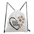 White canvas drawstring backpack with cute dog mom and paw print design for casual use. - DOG MOM Text Paw Style (sk4382)