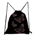 Detailed view of the black fabric drawstring backpack showcasing vibrant multi-color butterfly pattern. - Black Mandala Butterfly Print (sk4803)