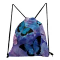 Detailed view of the blue butterfly print drawstring backpack, featuring vibrant floral graphics. - Blue Butterfly & Purple Flower Print (sk4807)