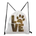 White canvas drawstring backpack with gold glitter cat paw love print for daily casual use - Gold Glitter LOVE Paw Style (sk4388)