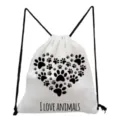 White canvas drawstring backpack with cute paw print heart design and text for casual daily use. - I LOVE ANIMALS Paw Heart Style (sk4390)