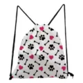 Close-up of drawstring backpack with cute cat paw and bone print, casual everyday style. - B&W Paw Bone Heart Print Style (sk4392)