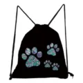 Close-up detail of black drawstring backpack featuring stylish teal and purple paisley cat paw prints. - Blue-Purple Paisley Cat Paw Style (sk4401)