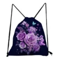 Drawstring backpack with purple rose and butterfly print, student casual daypack - Purple Rose & Glowing Butterfly Print (sk4814)