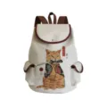 Canvas backpack detail view, beige fabric, brown leather trim, unique samurai cat print graphic. - Beige Samurai Cat Style (sj3898)