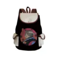 Black canvas backpack with samurai cat print, durable multi-pocket travel school bag. - Black Samurai Cat Eating Ramen Style (sj3900)