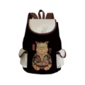 Detailed view of the black canvas backpack featuring a cool samurai cat ramen print design. - sj3901