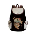 Black canvas backpack featuring Japanese samurai cat and skeleton graphic print design. - Black Beige Leather Trim Style (sj3904)