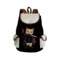 Detailed view of black canvas backpack with samurai cat print, large capacity student bag. - Noodle Eating Samurai Cat Style (sj3905)