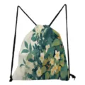 Botanical green leaf print drawstring bag, floral patterned lightweight foldable daily backpack. - Green Leaves Style 4 (skk0366)