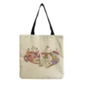 Cartoon anime cat print canvas tote bag large capacity casual shoulder bag for women - Beige Floral Cat Print (hm9293)