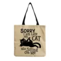 Detailed view of the casual canvas tote bag featuring cute black cat print and funny English quote. - Linen Color Black Cat Funny Slogan Print (hm9302)