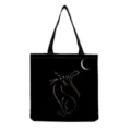 Black canvas tote bag with elegant cat and crescent moon line art print for daily casual use. - Moon and Cat Line Art Print (hm9307)