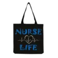 Maύρη υφασμάτινη τσάντα tote με τύπωμα Nurse Life, μεγάλη επαναχρησιμοποιούμενη τσάντα ώμου. - Μαύρο Στυλ Νοσοκόμας με ΗΚΓ (hm7000)