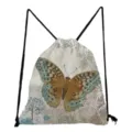 Detailed view of the artistic butterfly print and drawstring design on the casual cloth backpack bag. - Vintage Butterfly & Vine Print (sk4817)