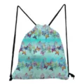 Colorful butterfly print drawstring backpack, casual student shoulder bag detail view. - Light Blue Colorful Butterfly & Floral Print (sk4819)