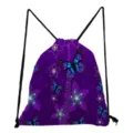 Stylish purple butterfly print drawstring backpack, casual double shoulder bag for students. - Blue Purple Gradient Butterfly & White Flower Print (sk4823)