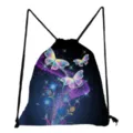 Stylish butterfly print drawstring backpack, casual daily lightweight black school bag for students. - Dreamy Glowing Floral Butterfly Print (sk4826)