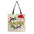Detailaufnahme der weihnachtlichen Lehrer Canvas Tragetasche mit Lichterketten und Mütze. - TEACHER Weihnachtsbeleuchtung Stil (hm5452)