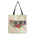 Blumen Lehrer Leinen Tote Bag Freizeittasche Schultertasche Grosse Kapazitaet Einkaufstasche - Blumiges Alphabet Lehrer Stil (hm5455)