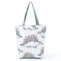 Borsa shopper in tela con stampa di dinosauro carina da donna, borsa a spalla capiente. - Multi-Dino Bianco (hl1156)