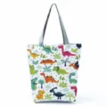Borsa tote in tela con stampa dinosauro, simpatica borsa spalla cartoon per studenti e shopping. - Dino e piante tropicali (hl5325)
