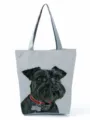 Detailed view of the stylish grey canvas tote bag with cute black dog print and red collar. - Light Gray Black Schnauzer Bone Tag (hl2818)