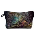 Vue détaillée de la trousse cosmétique imprimé succulente sombre avec motif floral et fermeture éclair. - Style hz9707