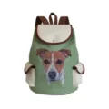 Vue rapprochée d'un sac à dos en toile verte avec imprimé de chien et poches contrastées. - Visage de Chien(sj4499) / Vert