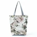 Τσάντα shopper από καμβά με φλοράλ σχέδιο, μεγάλη casual τσάντα ώμου με γκρι χερούλια. - Ρετρό Τύπωμα Λουλουδιών