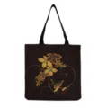 Japanese floral print canvas tote bag classic shoulder bag aesthetic design detail view - Gold Plants(hm6450)