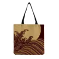 Detailed view of the Japanese wave printed canvas tote bag, featuring a large capacity and dark red design. - Waves Full Moon(hm6457)