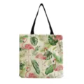Dettaglio borsa shopper in tela con stampa di fenicotteri tropicali e manici resistenti. - Stampa Fenicottero Foglie Verdi (hm7121)
